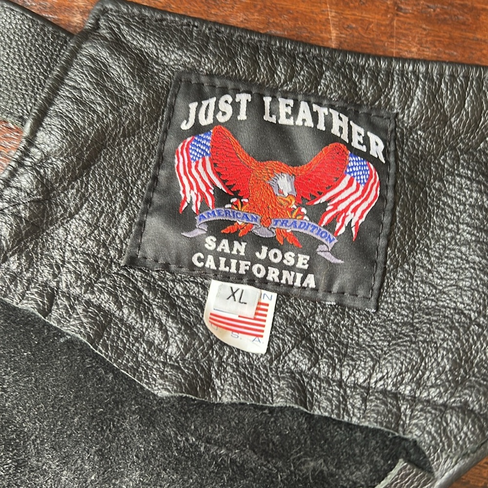 JUST LEATHER Vintage San Jose CA Real Leather Moto Chaps Braid Back Black Men XL